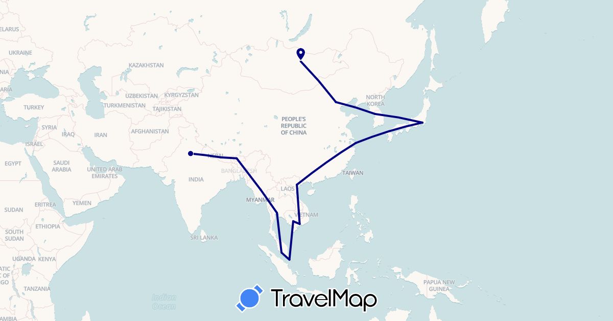 TravelMap itinerary: driving in Bhutan, China, India, Japan, Cambodia, South Korea, Myanmar (Burma), Mongolia, Malaysia, Nepal, Singapore, Thailand, Vietnam (Asia)